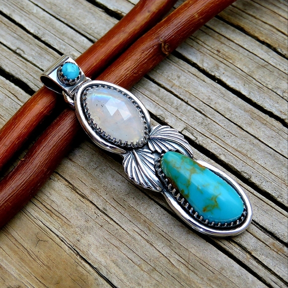 SOLD 925 Natural Kingman Turquoise & Rainbow Moonstone Statement Pendant NEW - Picture 3 of 7